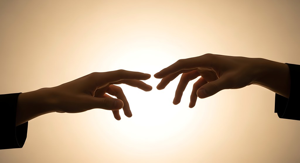 "Silhouetted Hands Reaching Toward Each Other with Backlit Glow in Artistic Light and Shadow Composition Free Photo" from Vecteezy.com